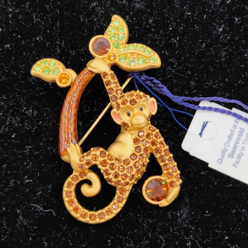 NWT Swarovski Crystals Monkey Carrying Coconuts in Palm Tree Brooch
